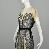 XS 1930s Old Hollywood Silk Gown Lace Black Ivory Panels Summer Sheer Flowy Sweeping Gown