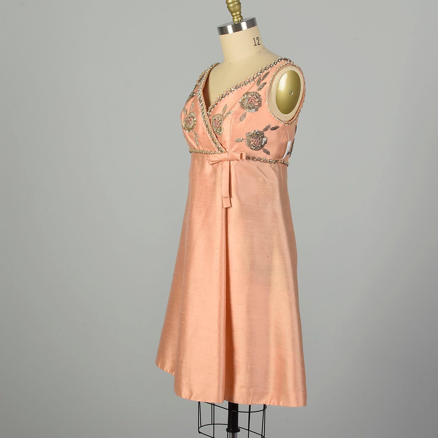 Large 1960s Peach Dress Deadstock Bead Embroidered Empire Waist Babydoll