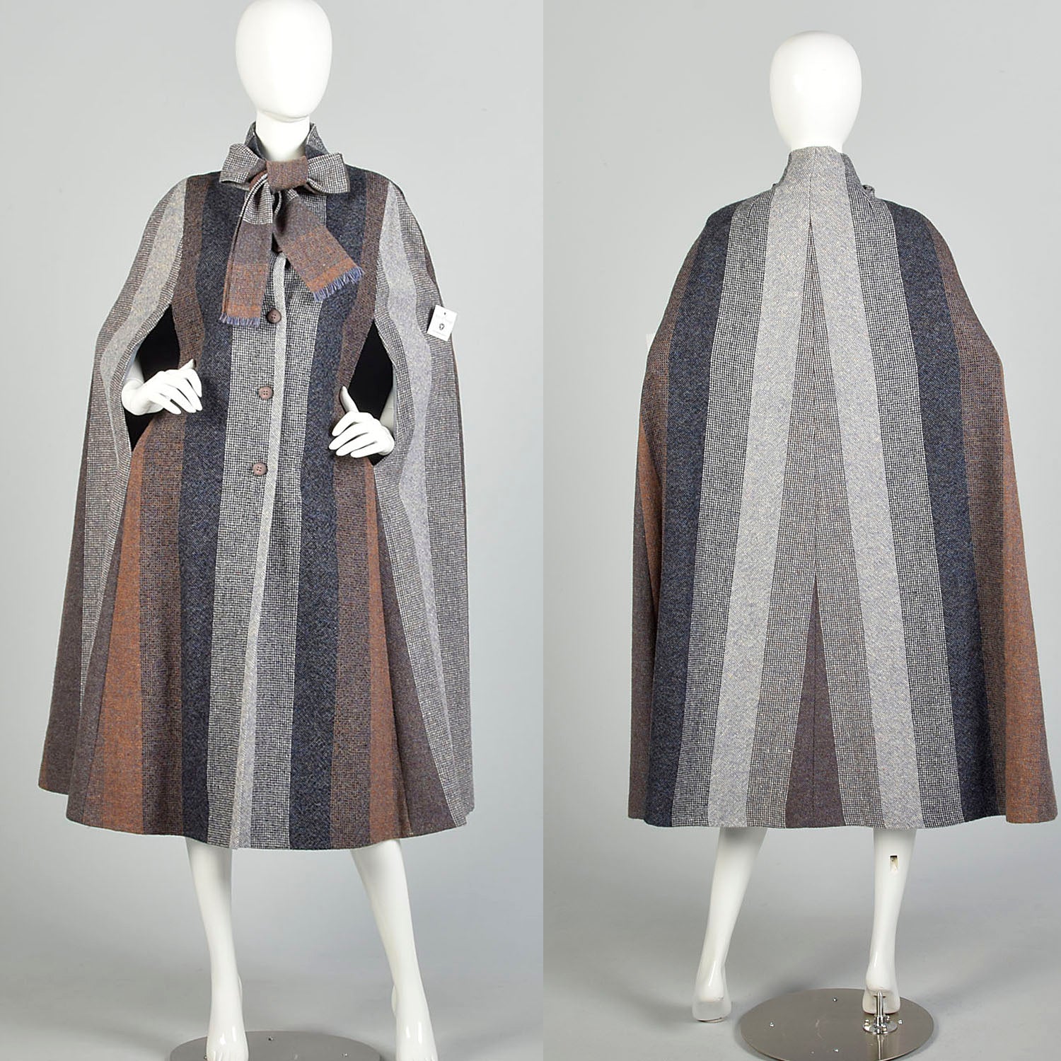 OSFM 1970s Tweed Color Block Cape Attached Scarf Wool Stripe Multi Color Wrap
