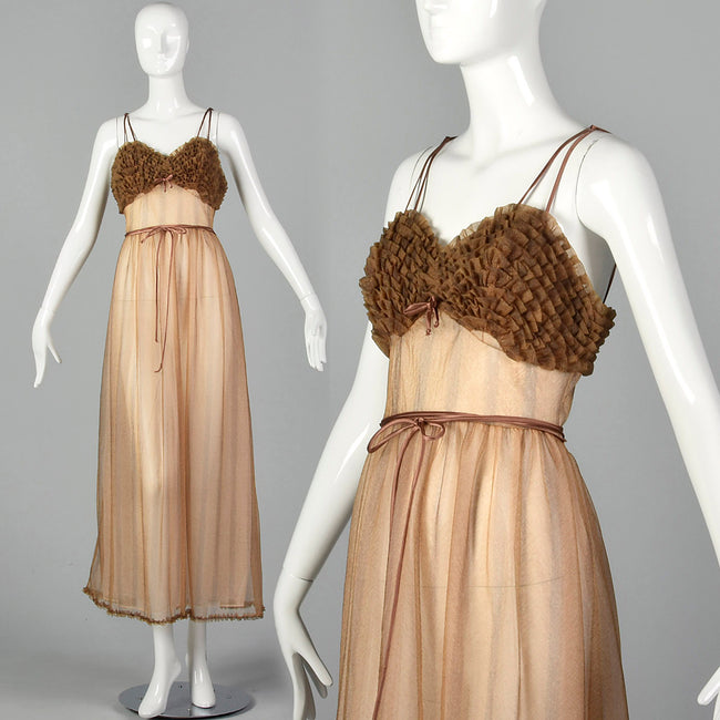 1950s Beige Nightgown with Ruffle Bust