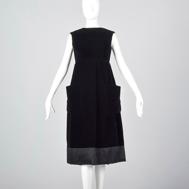 1960s Geoffrey Beene Black Velvet Wrap Dress with Large Patch Pockets