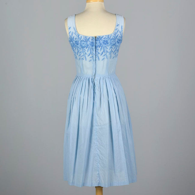 1950s Blue Cotton Day Dress with Embroidered Bodice
