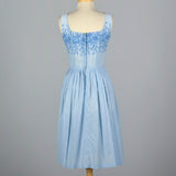 1950s Blue Cotton Day Dress with Embroidered Bodice