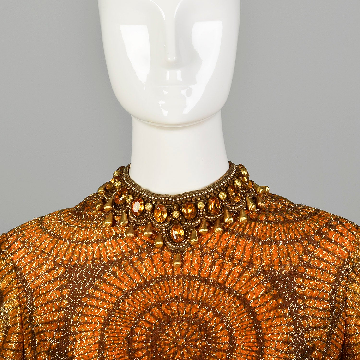 1970s Adele Simpson Evening Dress Metallic Orange Formal Gown with Long Sleeves