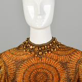 1970s Adele Simpson Evening Dress Metallic Orange Formal Gown with Long Sleeves
