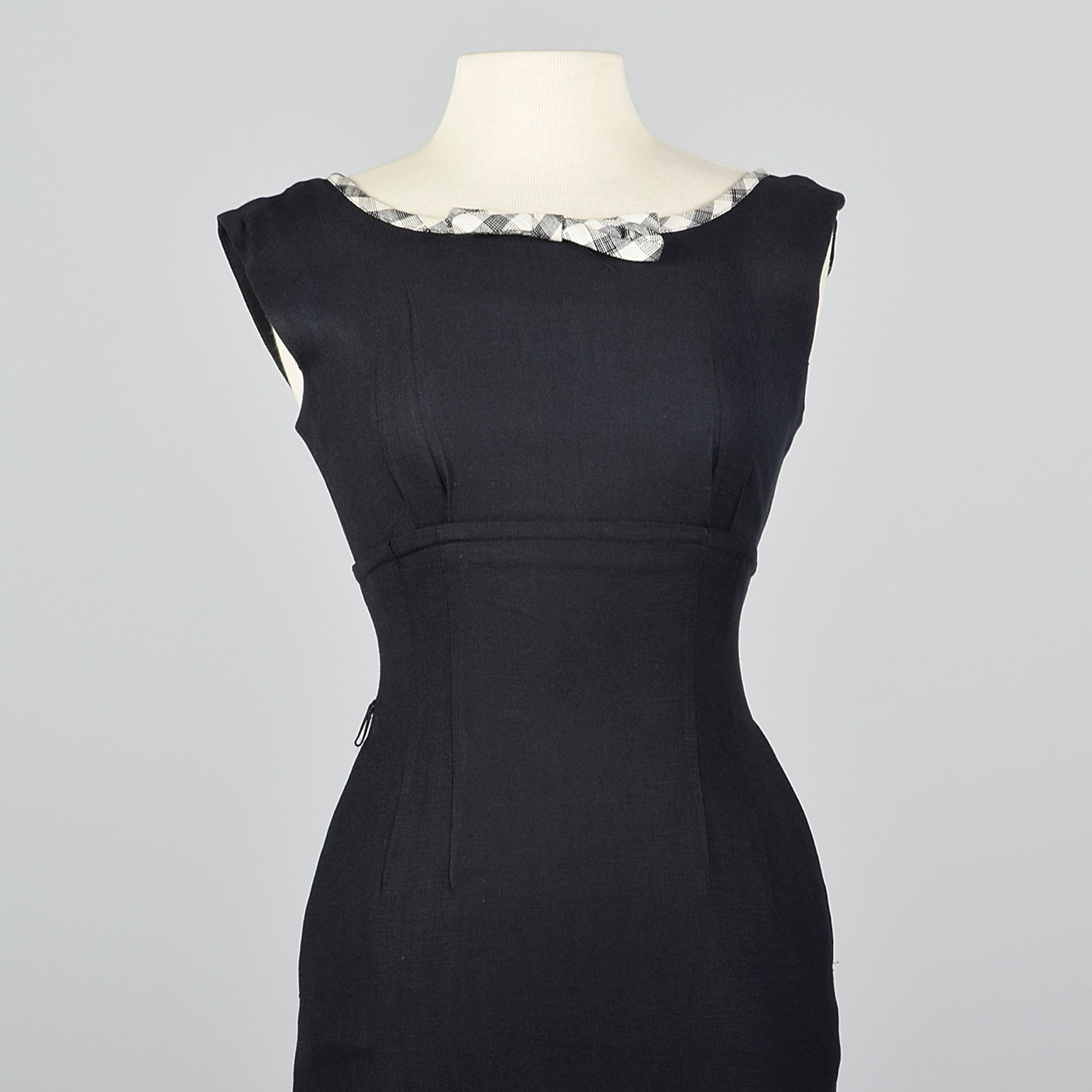 1950s Black Wiggle Dress with Gingham Trim and Jacket