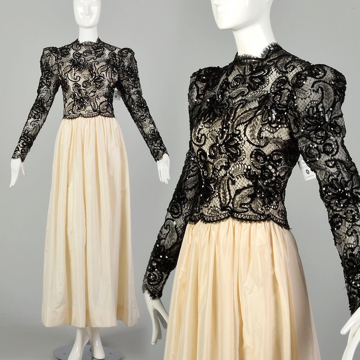 Medium 1980s Alfred Bosand Gown Taffeta Lace Sequin Evening Formal Dress
