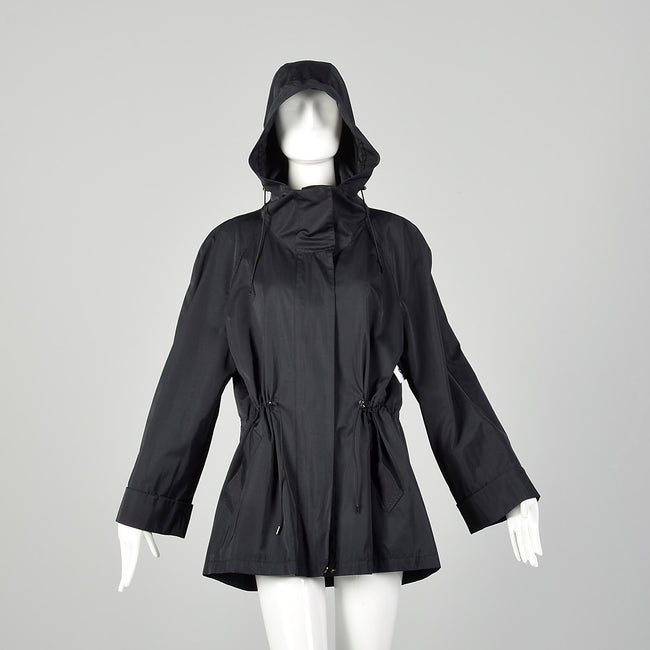 Large Lightweight Black Raincoat Hood Drawstring Waist