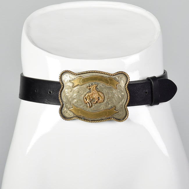 Ralph Lauren Black Leather Belt with Western Cowboy Buckle