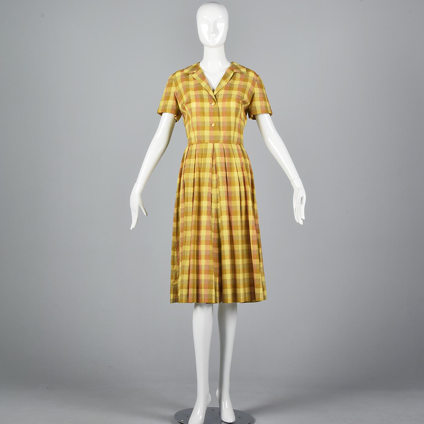 1950s Yellow Plaid Cotton Day Dress