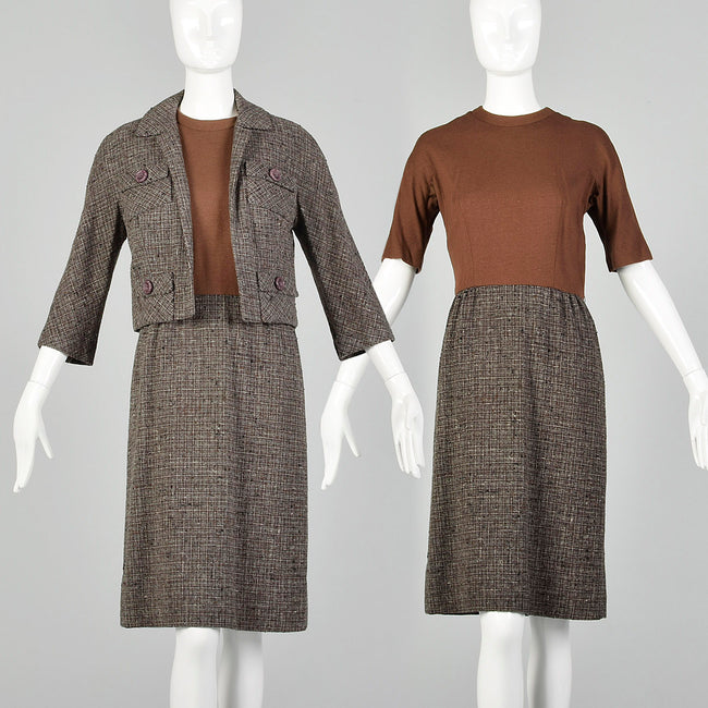 Small Brown Knit and Tweed 1960s Dress Set