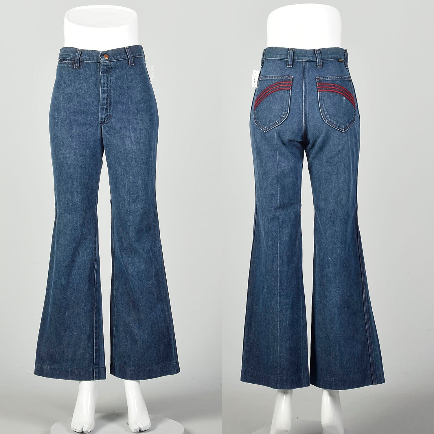 Small 1970s High Waisted Jeans Hippie Bell Bottoms Embroidered Pockets