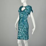 Small Sequin Cocktail Party Dress Teal Blue Short Sleeve Key Hole Bust