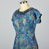 1950s Blue Floral Print Dress with Chiffon Overlay