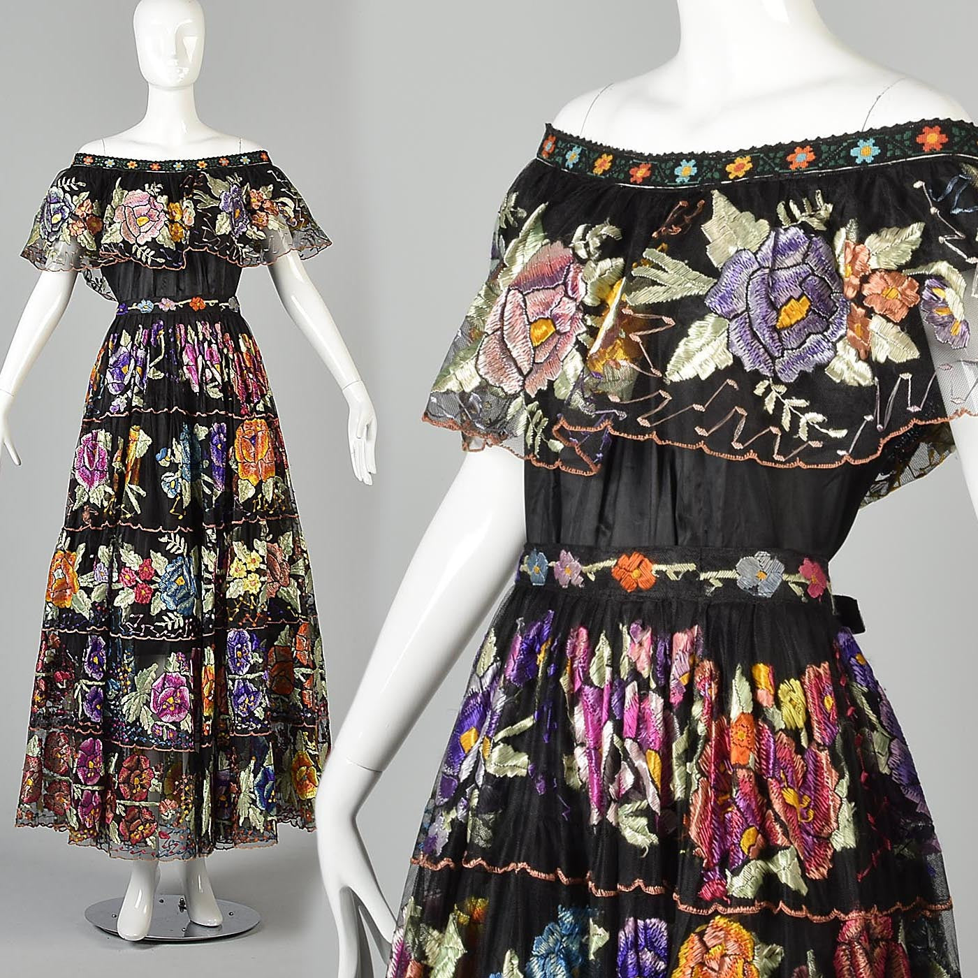 1950s Chiapas Mexican Two Piece Dress with Full Circle Embroidered Skirt