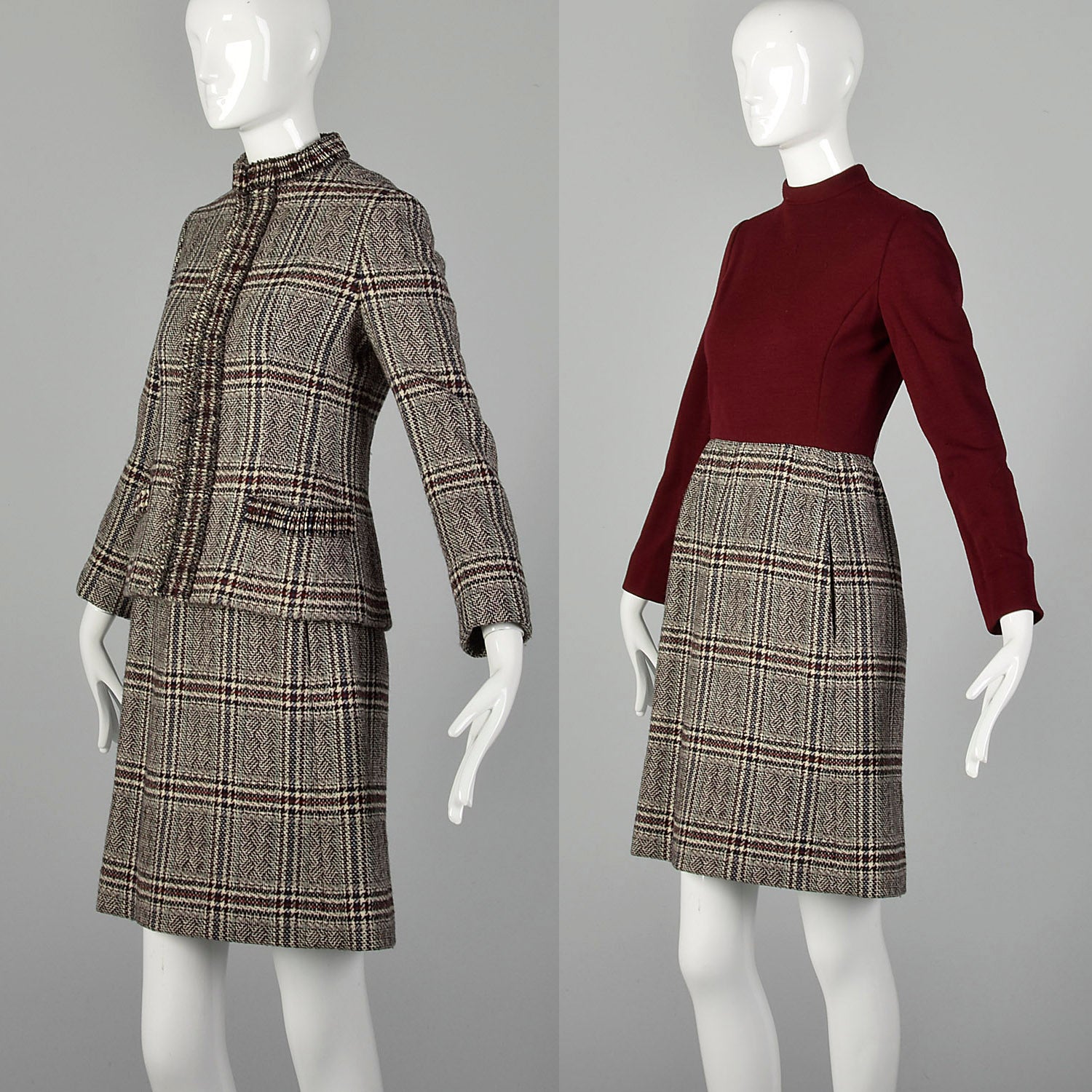 Small 1960s George Halley Tweed Dress Set Knit Bodice Woven Skirt Jacket Autumn Long Sleeve Outfit