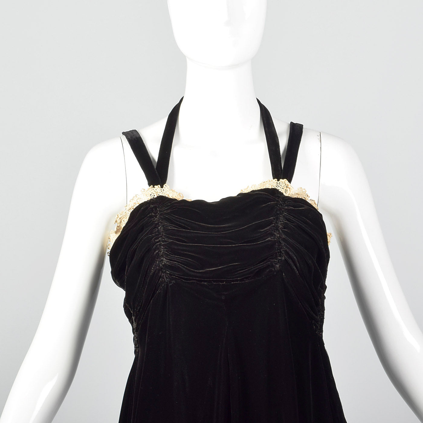 1940s Black Velvet Halter Dress with Ruched Bodice Style & Salvage 1940s Black Velvet Halter Dress with Ruched Bodice Style & Salvage