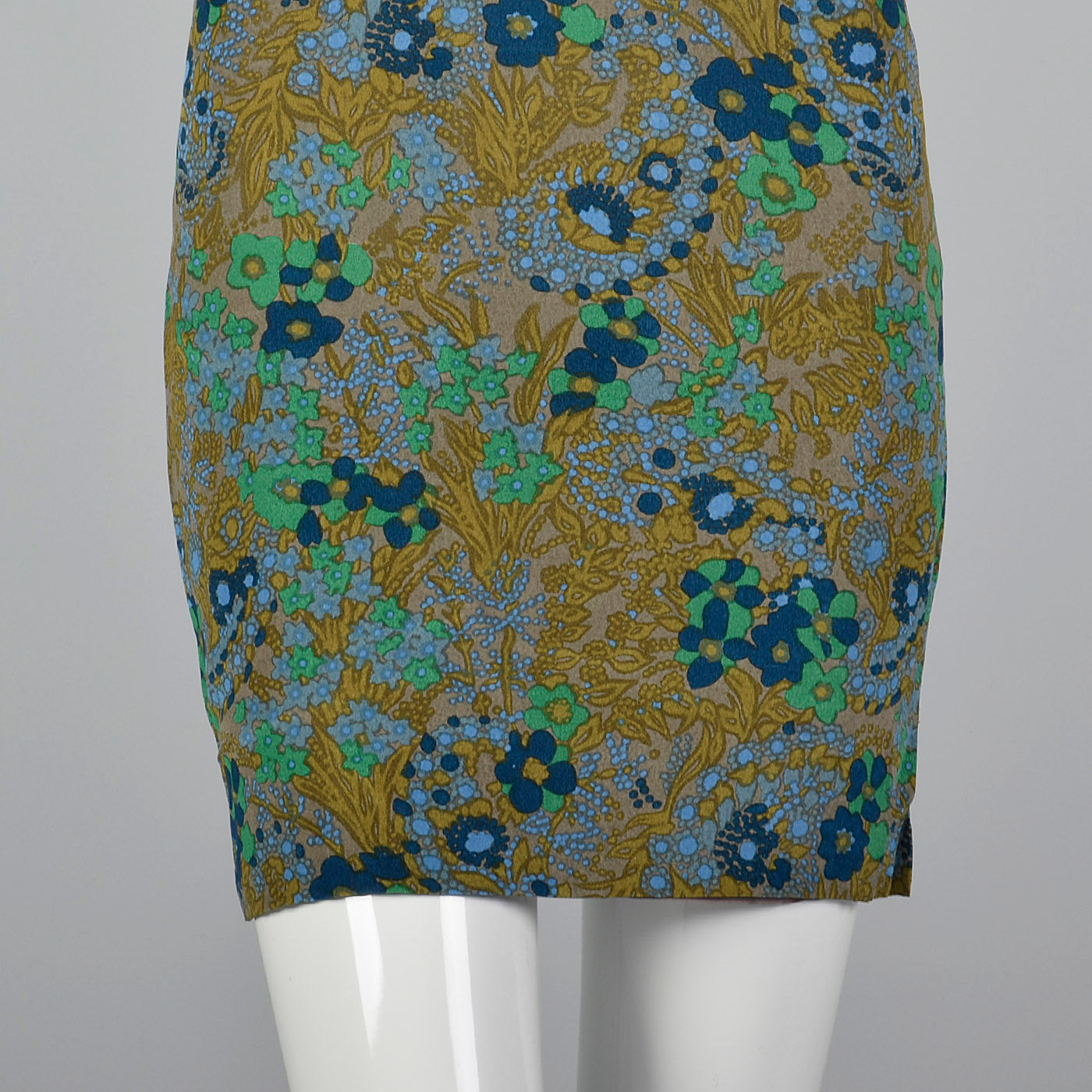 1960s Green and Blue Floral Dress with Mandarin Collar