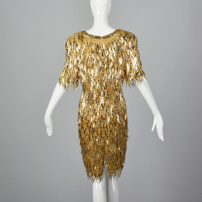 1980s Gold Silk Dress with Dangling Sequin Fringe