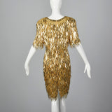 1980s Gold Silk Dress with Dangling Sequin Fringe