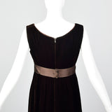 1960s Brown Velvet Dress with Satin Ribbon Waist and Hem