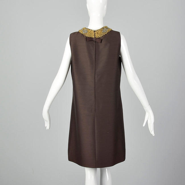 1960s Brown Shift Dress with Beaded Collar