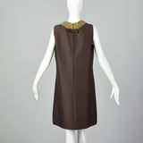 1960s Brown Shift Dress with Beaded Collar