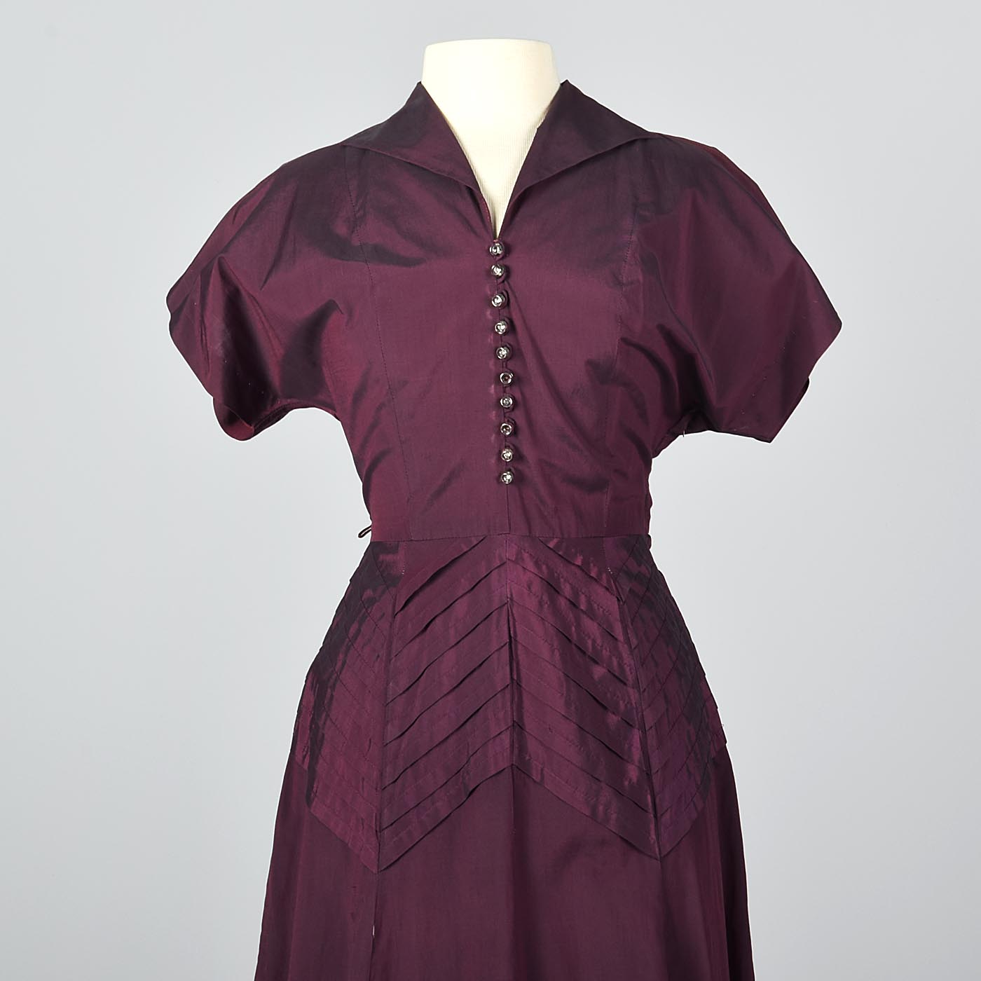 1950s Plum Sharkskin Dress with Chevron Pleats