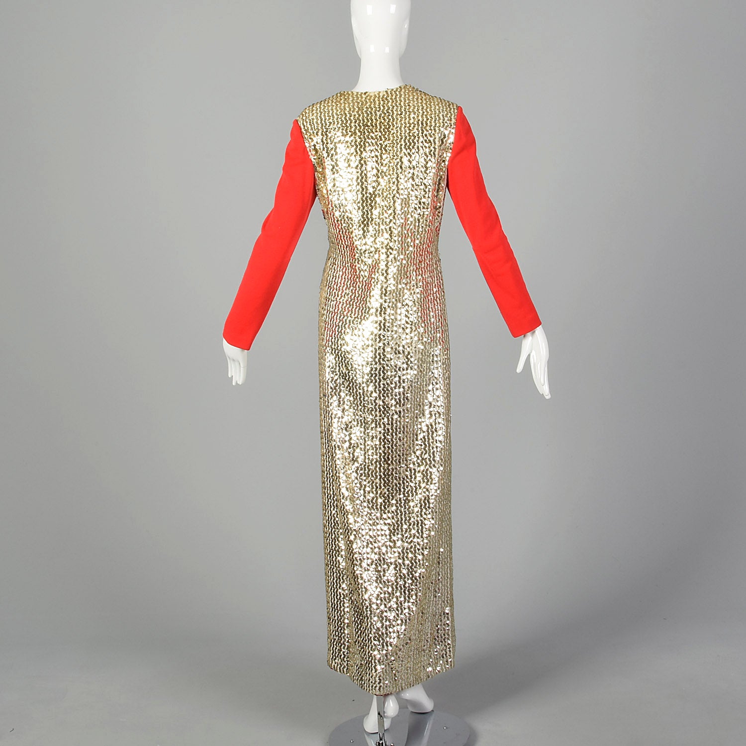 Medium Oscar de la Renta 1970s Long Gold Sequin Red Sleeve Dress