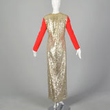 Medium Oscar de la Renta 1970s Long Gold Sequin Red Sleeve Dress