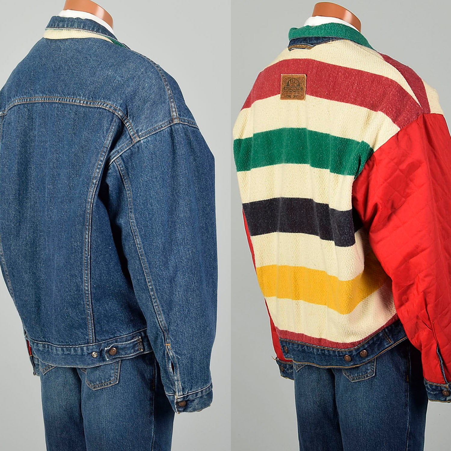 Large Levis Hudson Bay Striped Blanket Lined Denim Reversible Jean Jacket Winter Outerwear