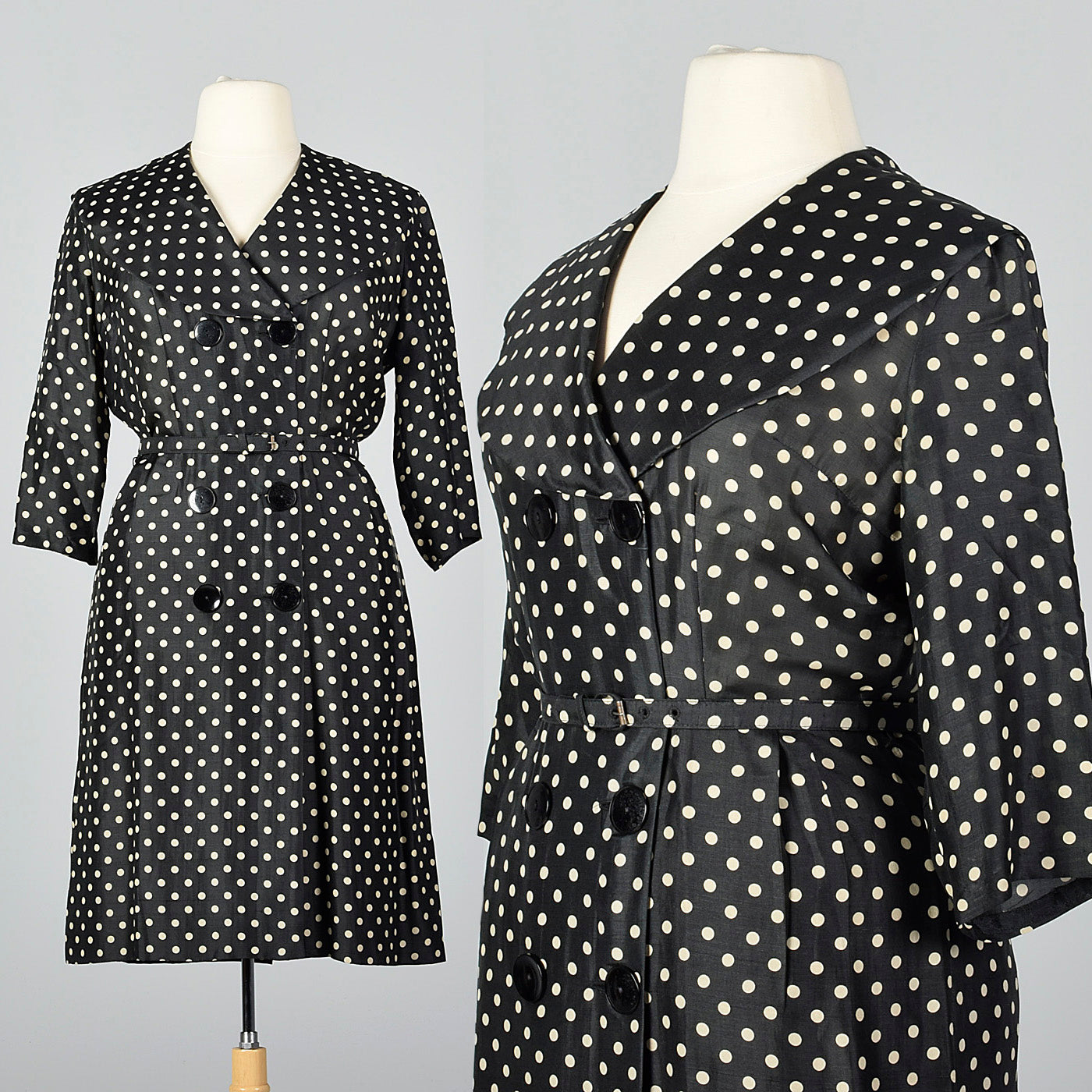 1950s Black Silk Polka Dot Dress