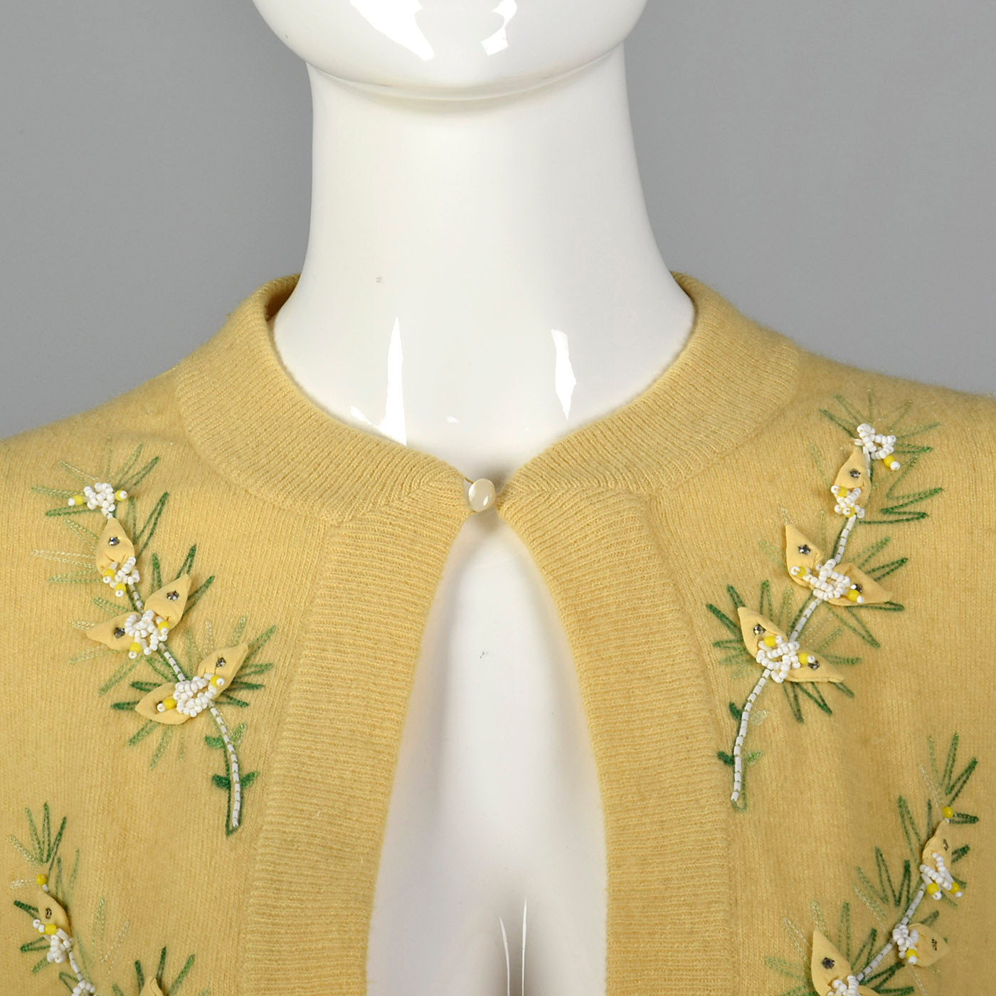 1950s Yellow Cashmere Cardigan with Floral Applique