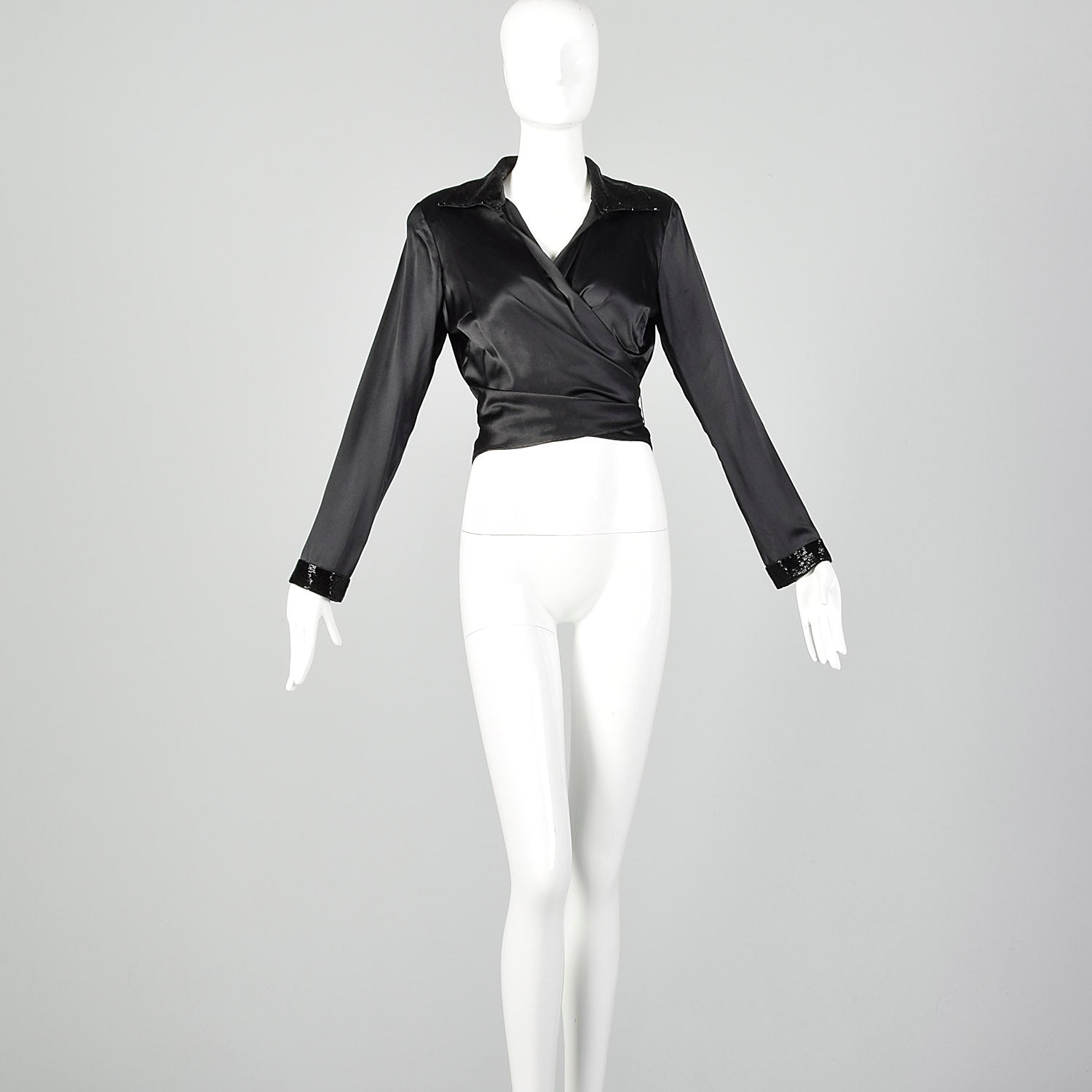 Small-Large 1980s Black Beaded Collar Wrap Top