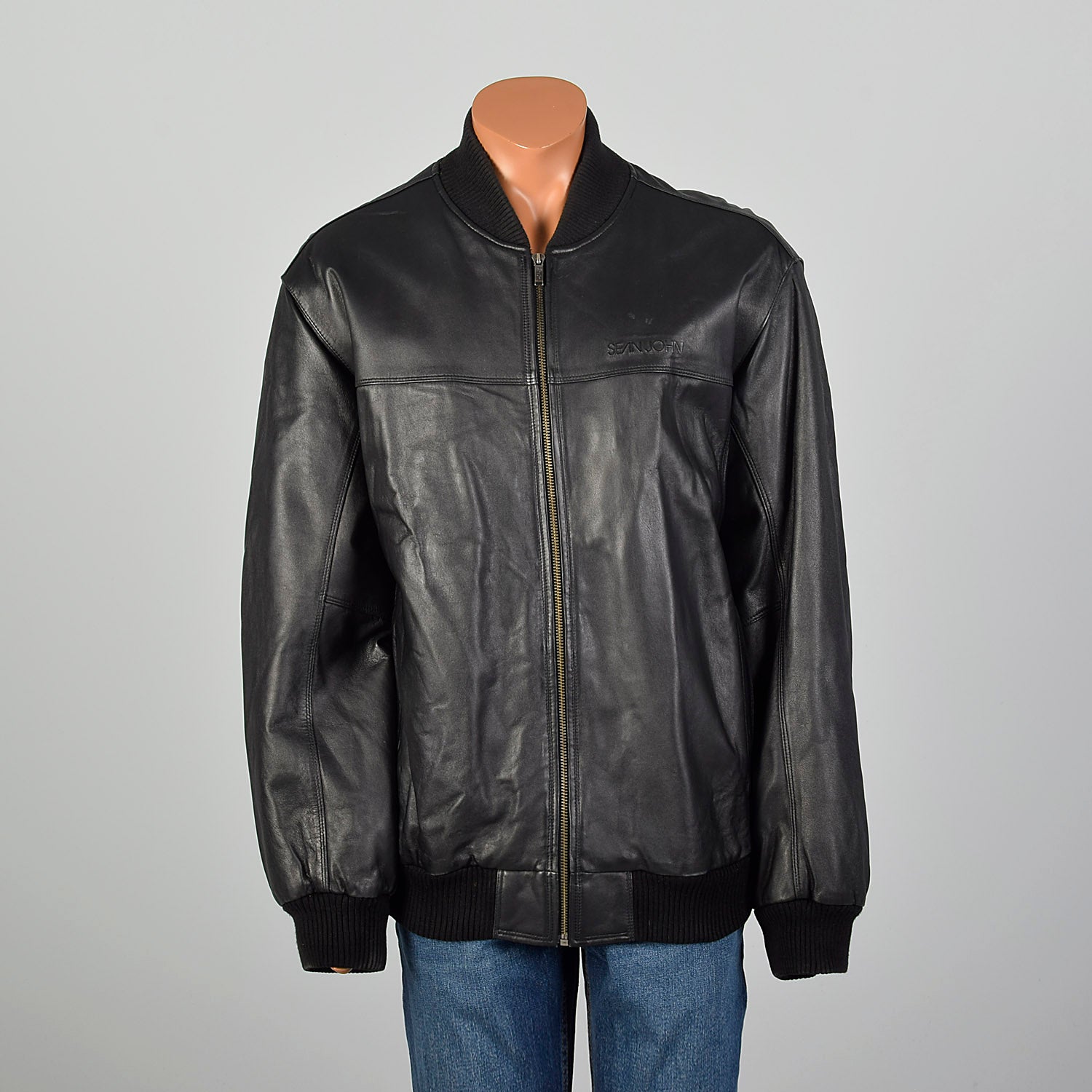 XXL-XXXL Sean John Black Leather Bomber Jacket