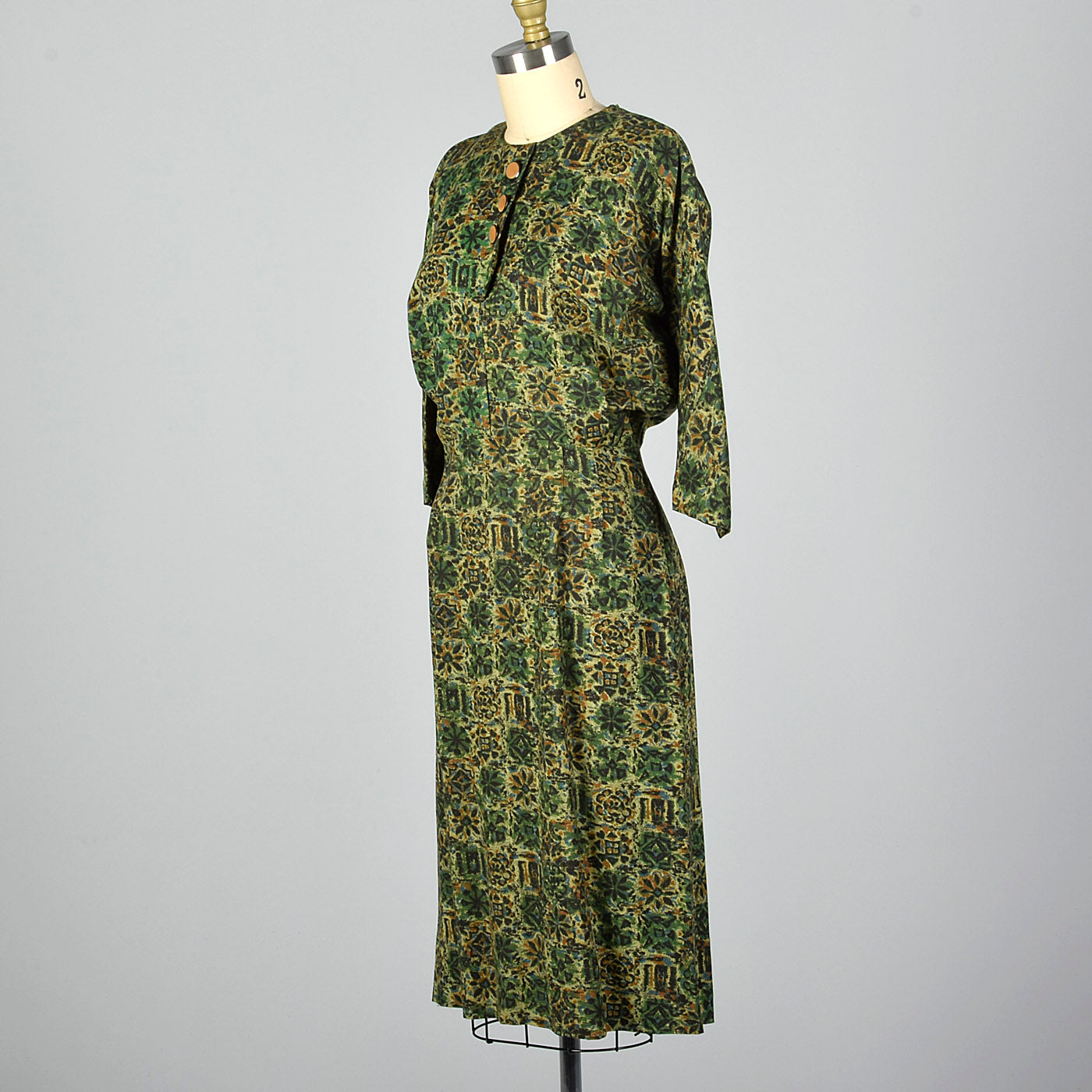 1950s Green Print Day Dress with Dolman Sleeves