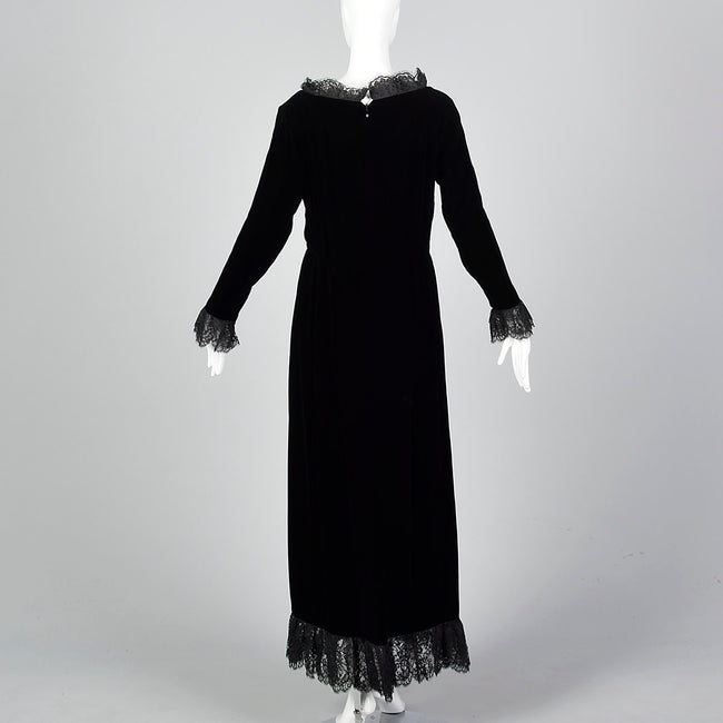 1970s Richilene Black Velvet Evening Dress with Lace Trim