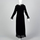 1970s Richilene Black Velvet Evening Dress with Lace Trim