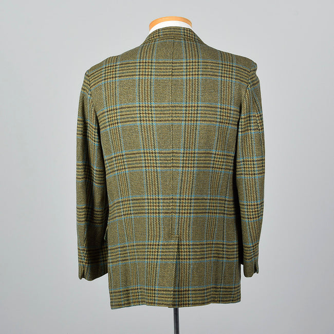 1960s Mens Blue and Tan Tweed Plaid Jacket