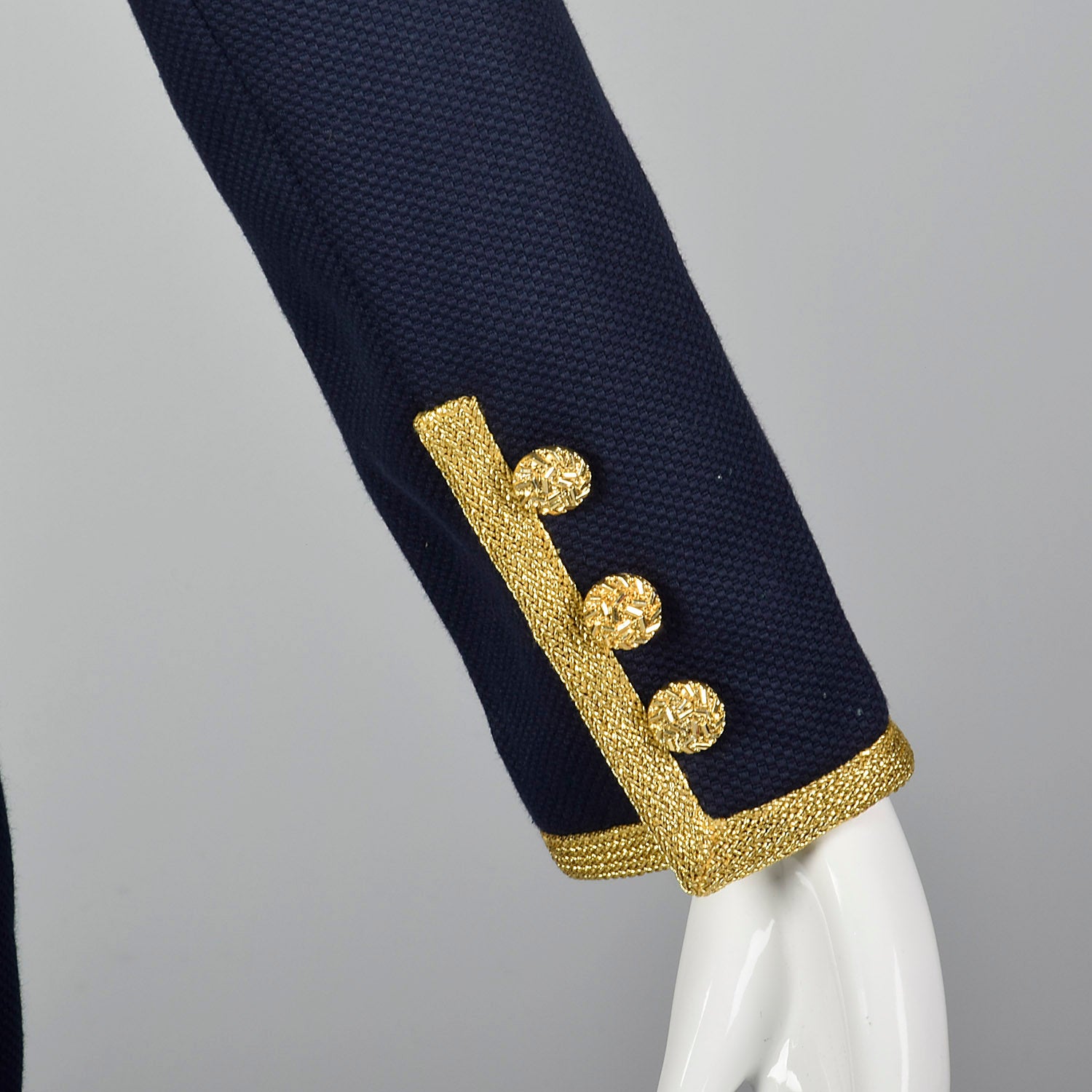 1980s Bill Blass Navy Dress with Gold Tone Metal Braided Trim