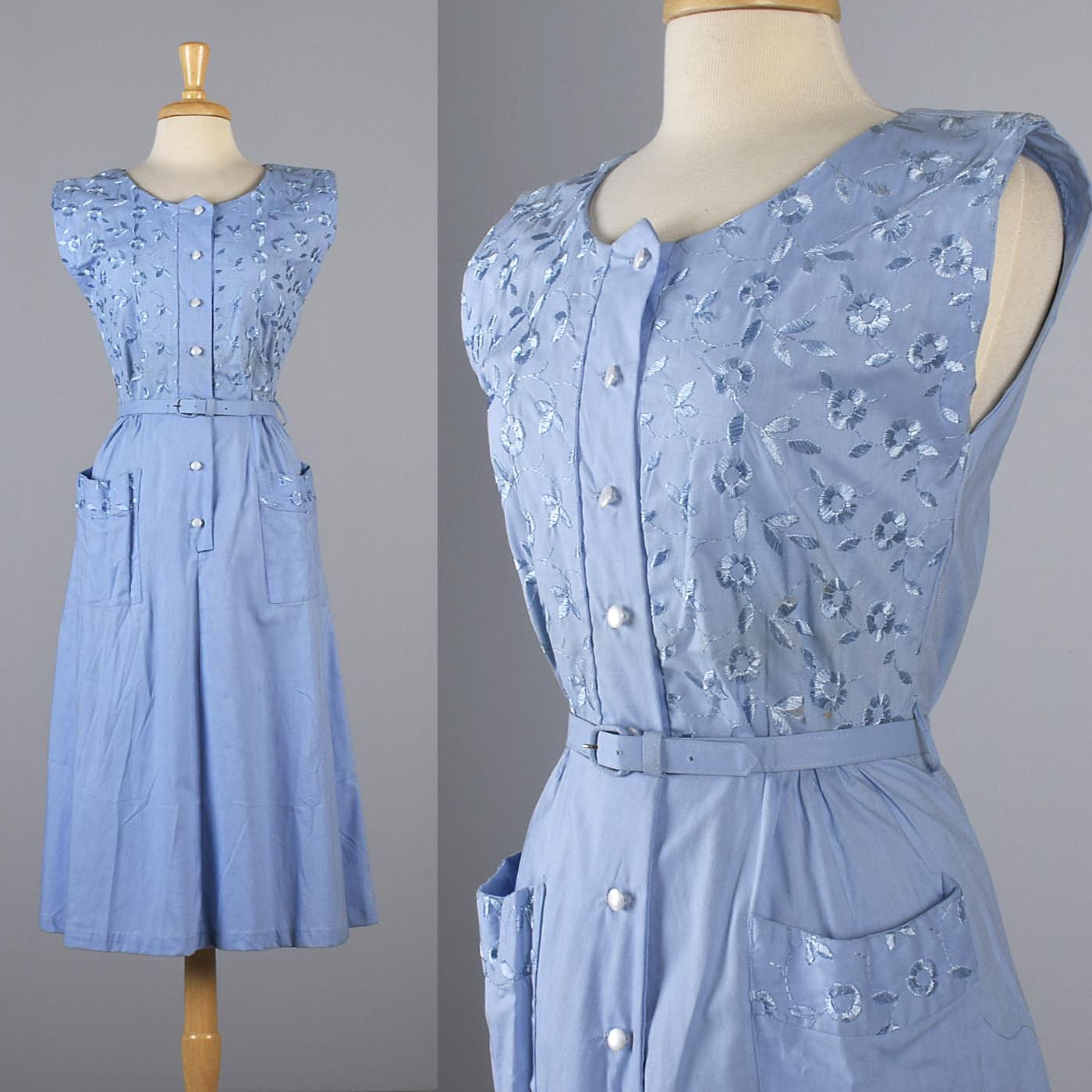 1950s Blue Day Dress with Floral Embroidery