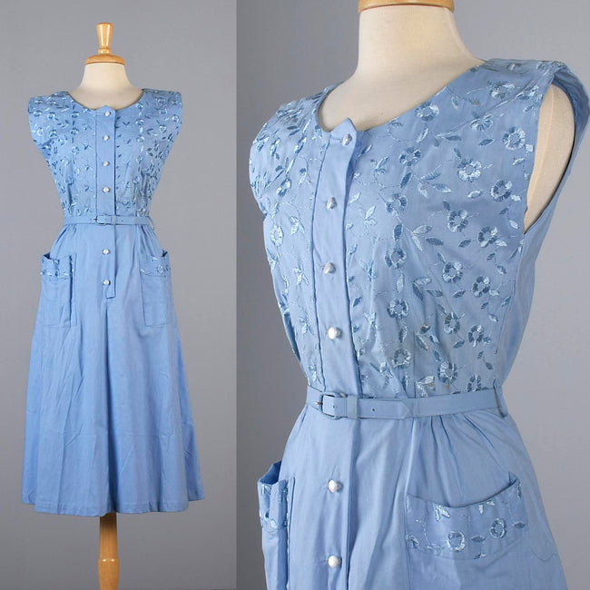 1950s Blue Day Dress with Floral Embroidery