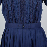 1950s Navy Cotton Day Dress with Ruffle Front