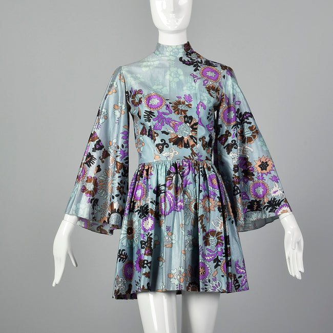 XXS 1960s Floral Mini Dress with Bell Sleeves