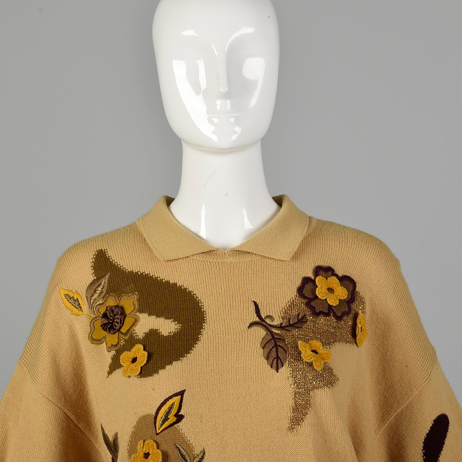 Large Escada 1980s  Tan Brown Sweater with Floral Appliques