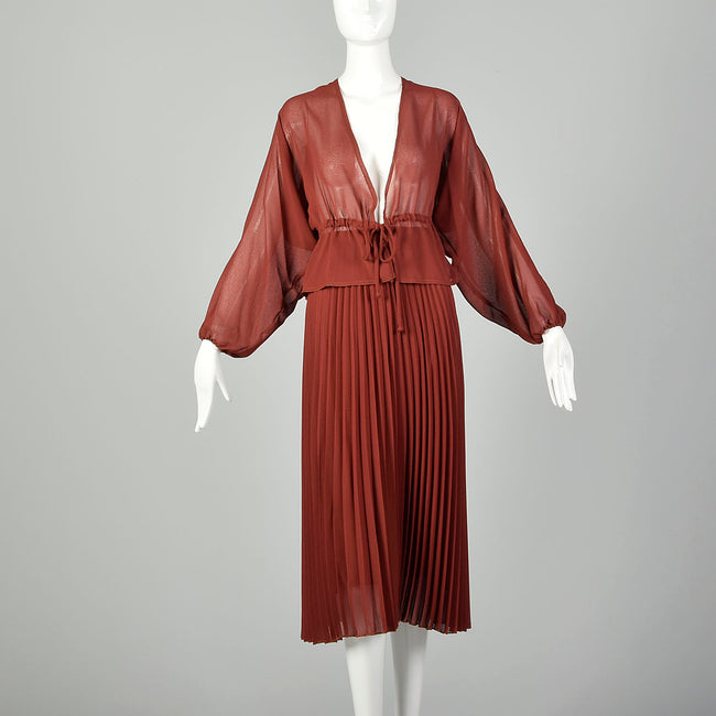 Small Rust Separates 1970s Sheer Blouse Pleated Skirt Low Cut Deep V Neckline Bohemian Set