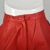 XS 1980s Red Leather Shorts Pleated Button Front Sexy Cuffed Bottoms