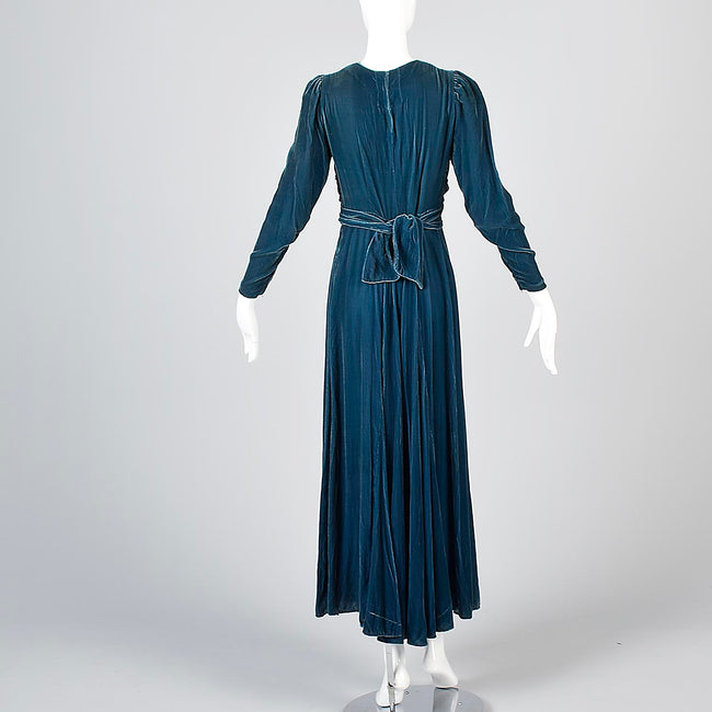 1930s Blue Velvet Gown with Gathered Bodice