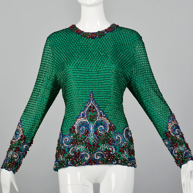Small 1960s Emerald Green Formal Beaded Blouse