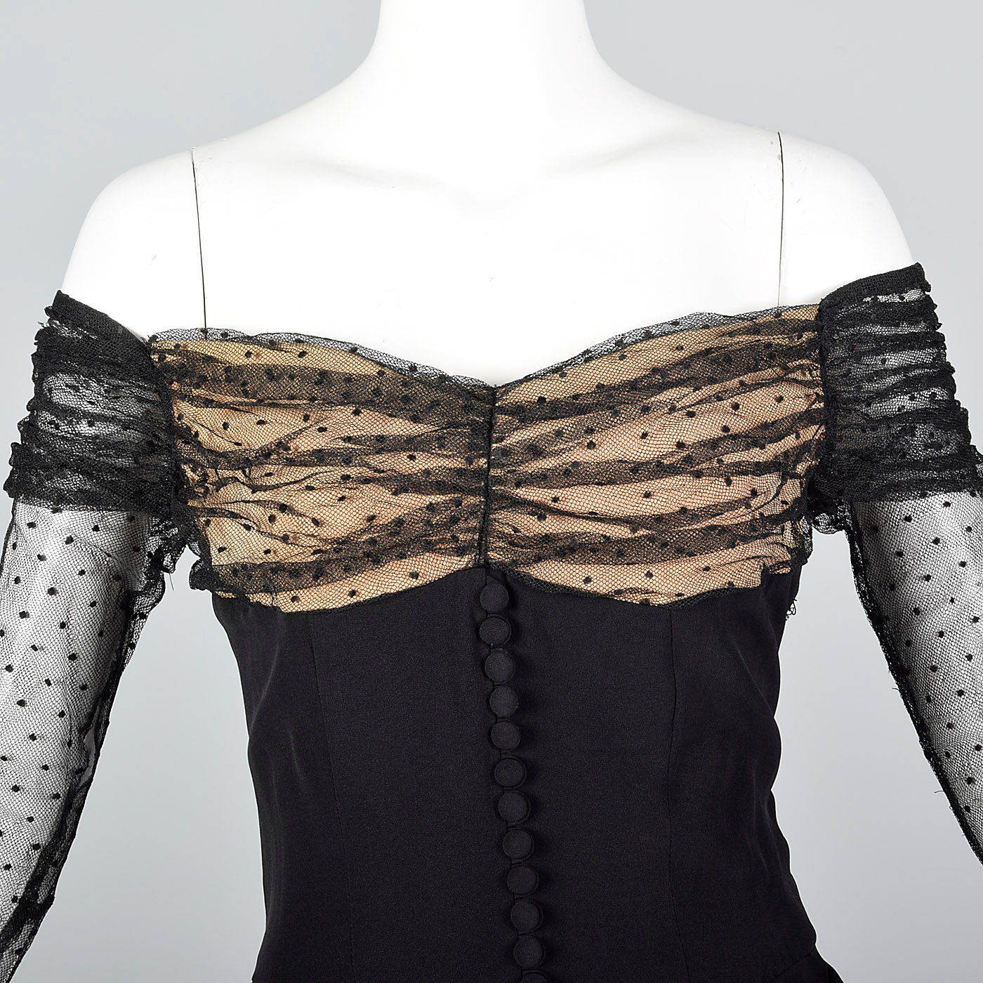 1950s Black Dress with Lace Illusion Neckline